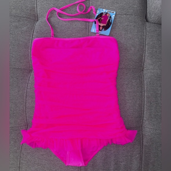 Skinny Dip Swimwear Ruched Mesh Halter Maillot Swimsuit by Leg Avenue - Hot Pink - Picture 2 of 6